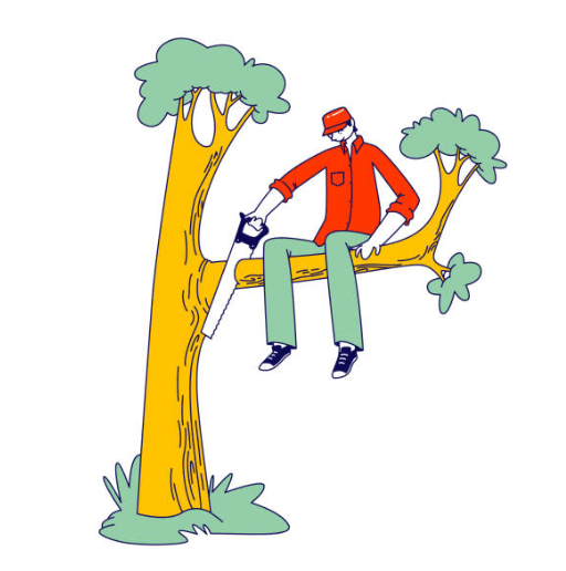 Graphic drawing of a man sitting on a tree, cutting the branch he is sitting on (illustrating the concept of "self-sabotaging behavior").