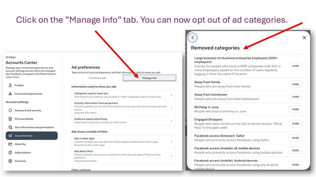 Next, go to the Manage Info tab. Here you can opt-out of targeting by various topics. 